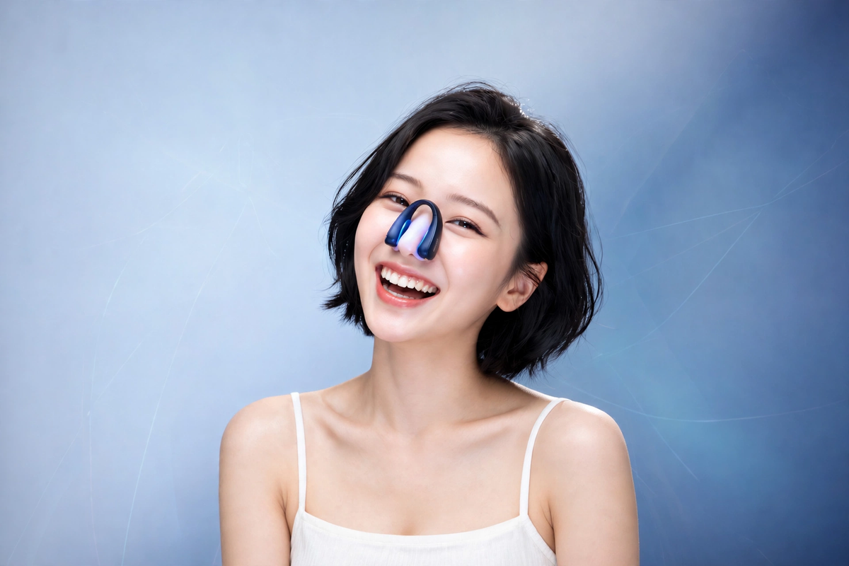 模特佩戴 NIPLUX QNose 鼻部護理儀,展現自在笑容